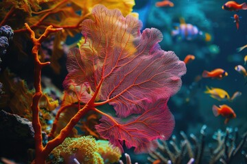 Red fan coral on a colorful coral reef, suitable for marine life concepts