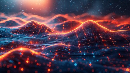 Abstract technology background with glowing network connection and polygonal wireframe lines in dark blue, orange and black colors. Digital futuristic wallpaper for business concept - obrazy, fototapety, plakaty