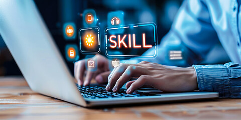 Professional enhances skill set using a laptop, with a focus on talent development icons for career growth, competency, and learning
