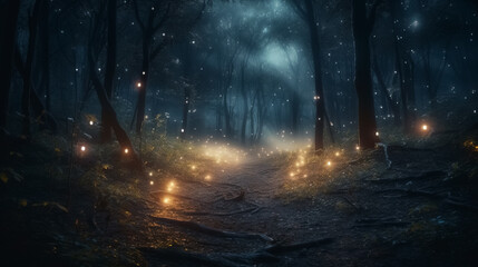 Fantasy forest at night, magic lights and fireflies in fairytale wood