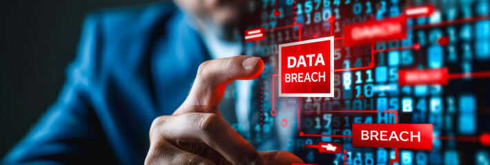 Cybersecurity breach warning. Businessman pointing at red data breach alert icon on digital interface, highlighting unauthorized access risks, need for robust data protection measures in organizations