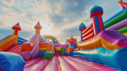 Inflatable bouncy castle, for an outdoor play area for kids or a birthday party event. Colorful inflatable castles and slides 
