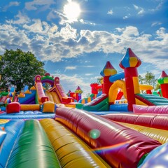 Inflatable bouncy castle, for an outdoor play area for kids or a birthday party event. Colorful inflatable castles and slides 
