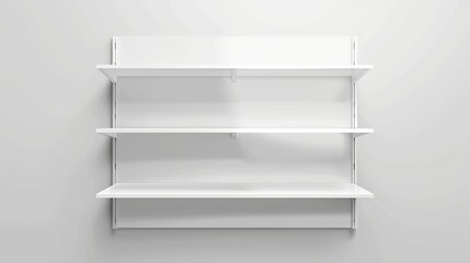 Realistic vector mockup of white shop product shelves, offering a blank display for showcasing merchandise in a supermarket or retail setting.