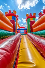 Inflatable bouncy castle, for an outdoor play area for kids or a birthday party event. Colorful inflatable castles and slides 
