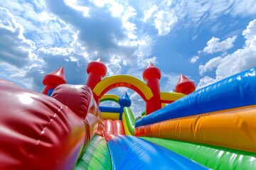 Inflatable bouncy castle, for an outdoor play area for kids or a birthday party event. Colorful inflatable castles and slides 

