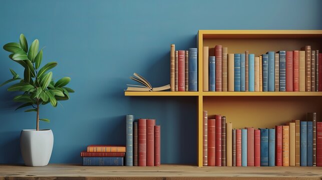 Realistic vector mockup featuring books with empty covers arranged on a bookshelf.