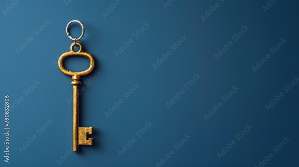 Poster a golden key hanging on a blue wall. ideal for security concepts