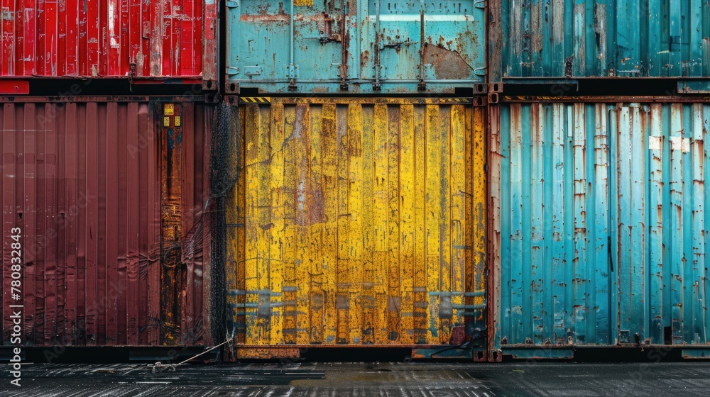 Poster a bunch of colorful shipping containers stacked on top of each other. can be used for industrial, lo