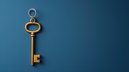 A golden key hanging on a blue wall. Ideal for security concepts