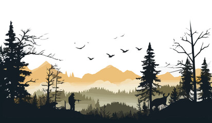 Wildlife forest landscape hunt hunting hobby background banner illustration vector for logo - Black silhouette of hunter perch stand, deer, mountains and forest trees fir, isolated on white background