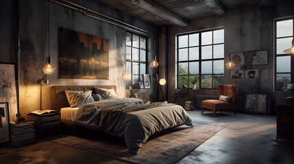 Beautiful Industrial style bedroom with raw concrete walls - obrazy, fototapety, plakaty