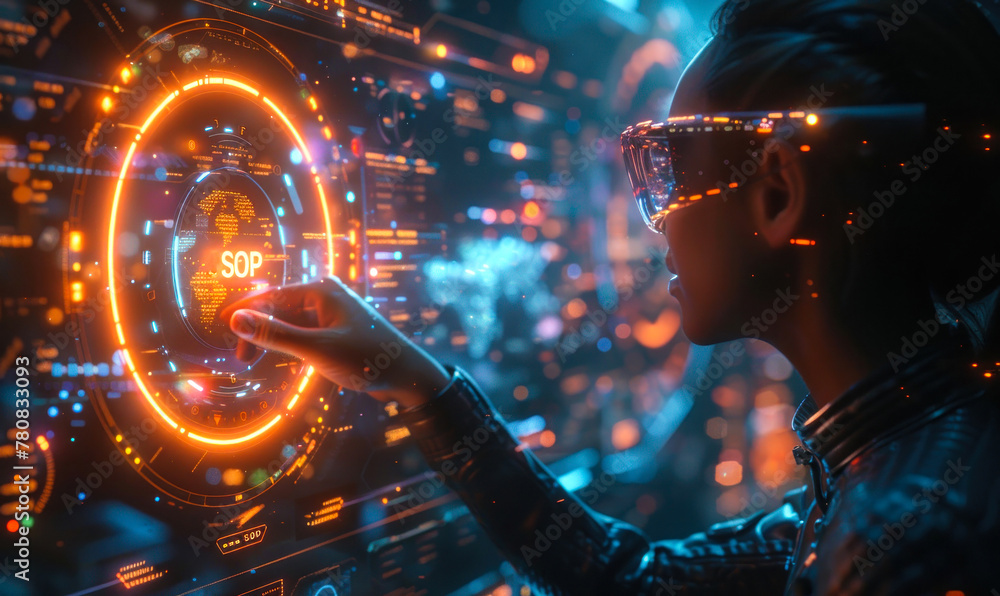 Poster professional uses holographic displays to visualize & manage business operations, processes, perform