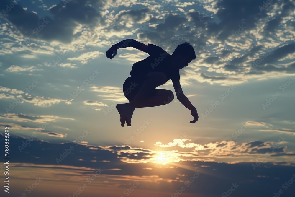 Poster silhouette of a person jumping in the air, suitable for various projects