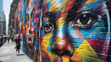Vibrant Street Art Mural in Bustling City Alley with Hyper Textures and Bold Urban Expression