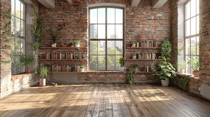 Rendered depiction of a vintage room with small bookshelves and a brick wall, offering an empty space for customization.