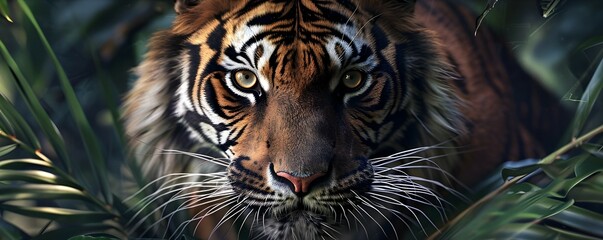 Captivating Close up of a Fierce Tiger Lurking in the Shadows of the Lush Jungle Showcasing Its Powerful Presence and Majestic Features