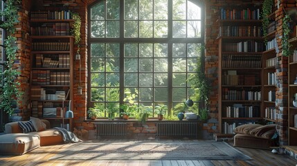 Rendered depiction of a vintage room with small bookshelves and a brick wall, offering an empty space for customization.