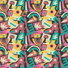 Seamless pattern with abstract geometric elements forms.  Texture and line. Pink, vilet, gray-greencolor. For the design of fabric, wrapping paper, wallpaper.