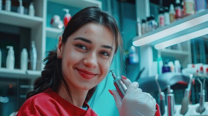 A woman in a red shirt holding a cell phone. Suitable for technology and communication concepts