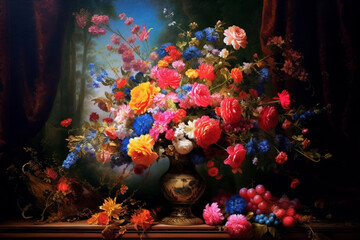 Magnificent fantasy stylized beautiful still life with bouquet of different flowers