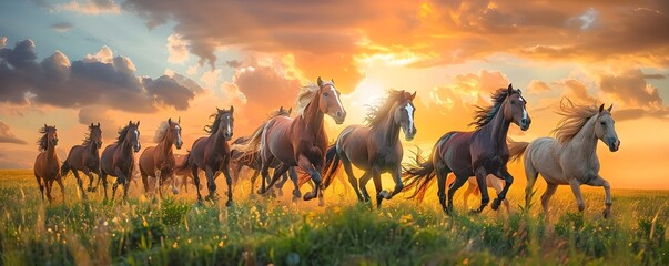 Herd of Majestic Horses Galloping Across a Stunning Sunset Lit Pasture - obrazy, fototapety, plakaty