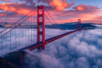 Fototapeta premium Majestic Golden Gate Bridge Enveloped in San Francisco s Iconic Fog at Captivating Sunrise