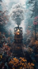 Vintage Steam Train Chugging Through Misty Autumn Forest Landscape