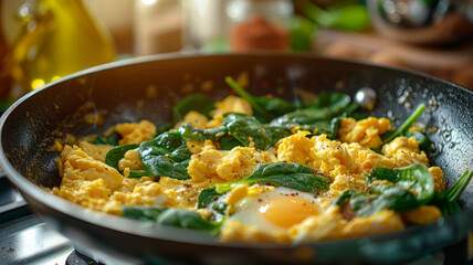 Scrambled eggs with spinach cooking in pan