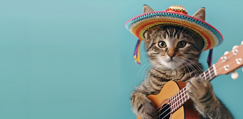 A cat wearing a sombrero hat and holding a guitar on a blue background for Cinco de Mayo