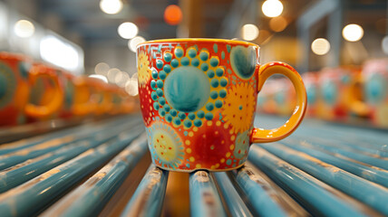 Colorful patterned mug on conveyor belt