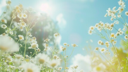 a vibrant and serene landscape of a green meadow filled with white daisies, under a bright blue sky with the sun shining brightly. - obrazy, fototapety, plakaty