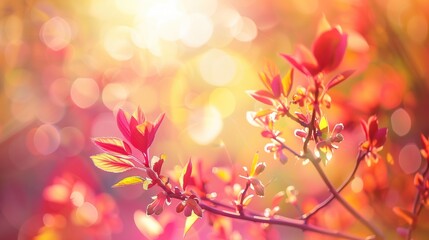 the radiant sunlight illuminating red and yellow leaves and blossoms, creating a mesmerizing bokeh effect in the background.