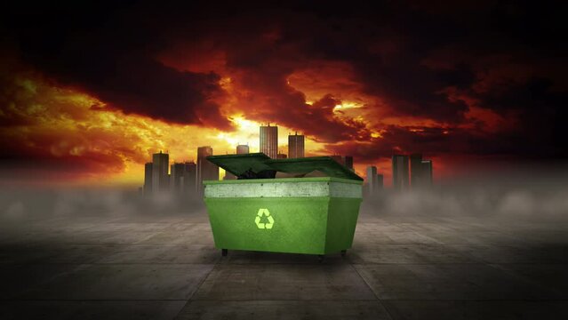 Falling Trash Dumpster. Recycle Symbol. Polluted City. City Related 3D Animations.