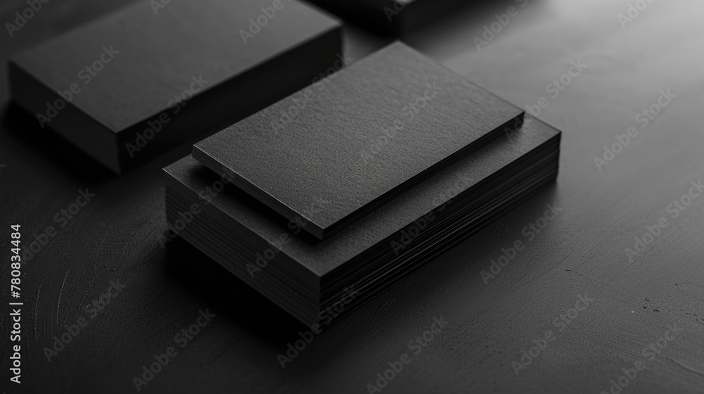 Poster a stack of black business cards on a table. suitable for business and office concepts