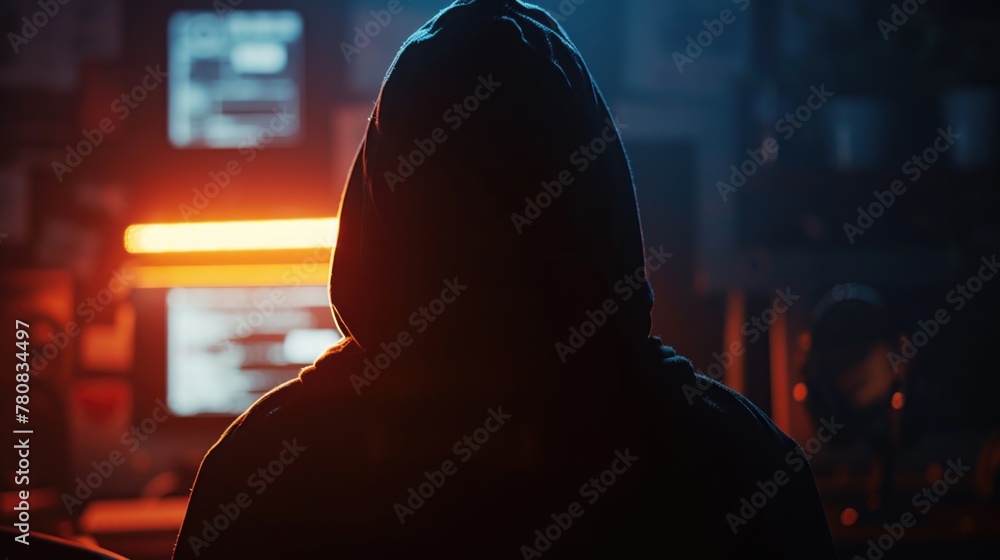 Aufkleber A person in a hoodie looking at a computer screen. Suitable for technology concepts