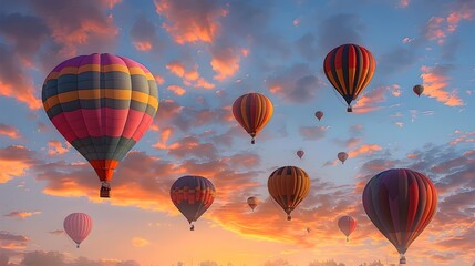 Obraz premium Vibrant Hot Air Balloons Ascending into Breathtaking Sunrise Skyscape