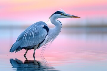 Majestic Heron Stands Tall in Tranquil Pond at Sunrise Mirrored Reflections of Pastel Skies