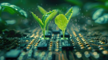 seedlings growing out of a circuit board computer chips