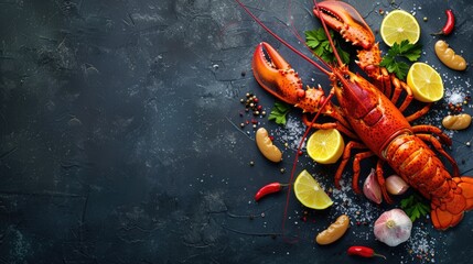 Fresh lobster with lemons, garlic, and herbs on a black surface. Perfect for seafood lovers or restaurant menus
