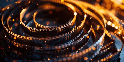 Cinematic film reels glowing in ambient light, concept of film industry