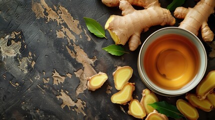 tea of ginger root background, copy space