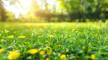a sunlit meadow with vibrant green grass and yellow flowers. - Powered by Adobe