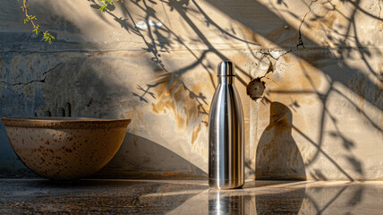 Stainless steel water bottle with shadows.