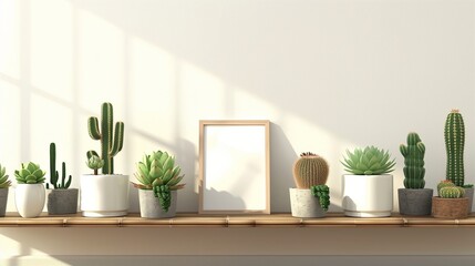 Minimalist Oasis: Brown Bamboo Shelf adorned with Meticulously Arranged Succulents