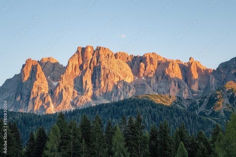 Poster a scenic view of a mountain with trees in the foreground. perfect for outdoor and nature-themed proj