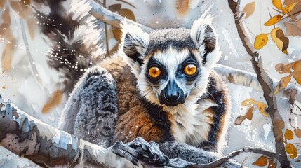 Obraz premium A beautiful watercolor painting of a lemur sitting in a tree. Perfect for nature lovers and wildlife enthusiasts