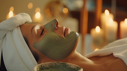 A 25 -35 year old woman enjoying an elegant spa day lies with a white towel on her head and a green...