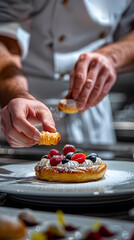 Skilled Pastry Chef Meticulously Decorates Delicate Gourmet Tart in Bright French Patisserie Setting