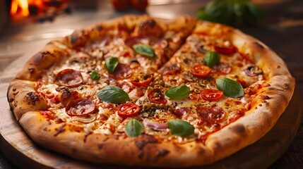 Beautifully Arranged Wood Fired Gourmet Pizza with Artisan Toppings and Warm Vibrant Textures in an Italian Pizzeria Setting